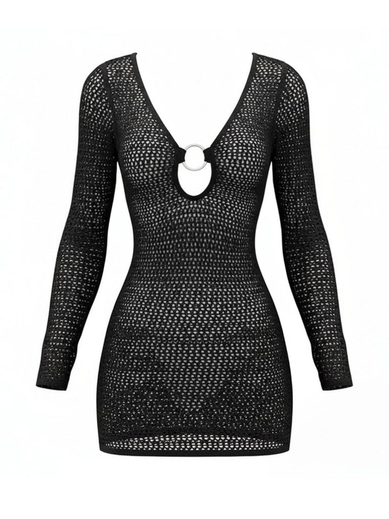 1980s Crochet Knit Cutout Ring Long Sleeve Cover-Up