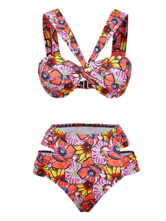 Pink 1970s Boho Floral Cross Neck Swimsuit