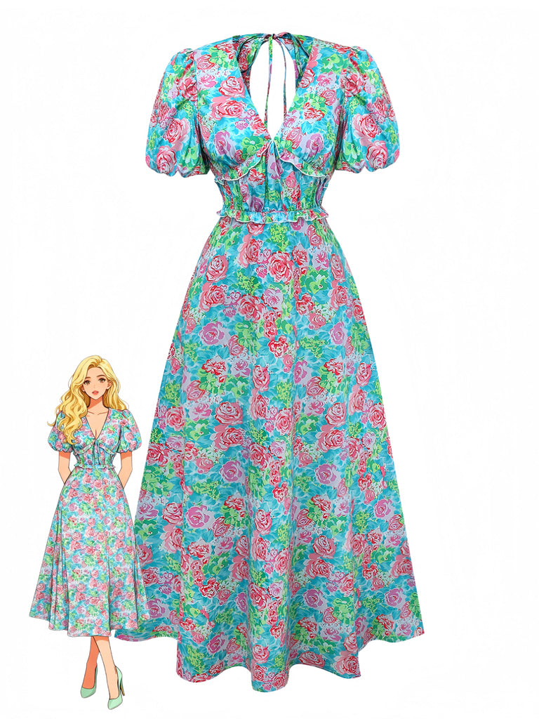 Green 1970s Boho Floral V-Neck Dress