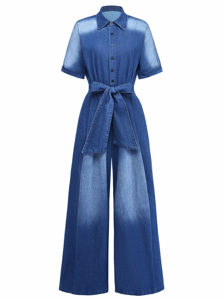 Denim 1970s Lapel Button Belted Waist Jumpsuit