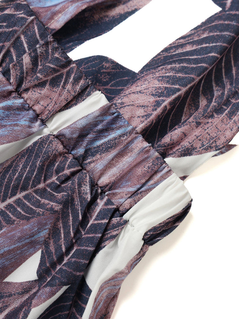 Purple 1970s Tropical Print V-Neck Wide Leg Jumpsuit