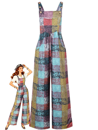 1940s Plaid Pockets Wide Legs Jumpsuit