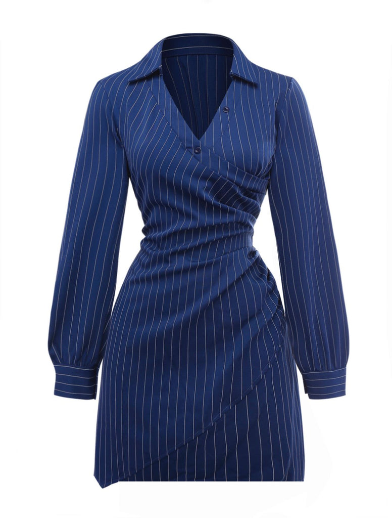 Blue 1960s V-Neck Wrap Striped Shirt Dress