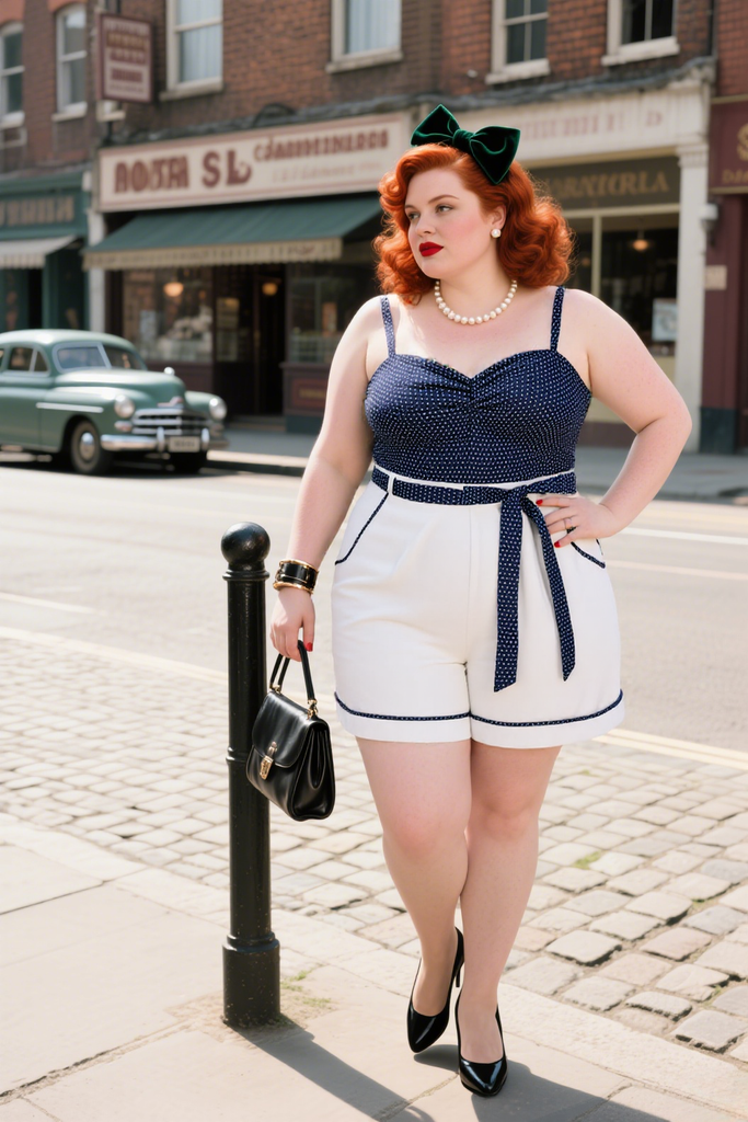 [Plus Size] Blue 1940s Polka Dot Patchwork Suspender Romper