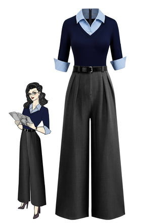 [Pre-Sale] Blue & Gray 1940s Knit Colorblock 3/4 Sleeve Shirt Jumpsuit