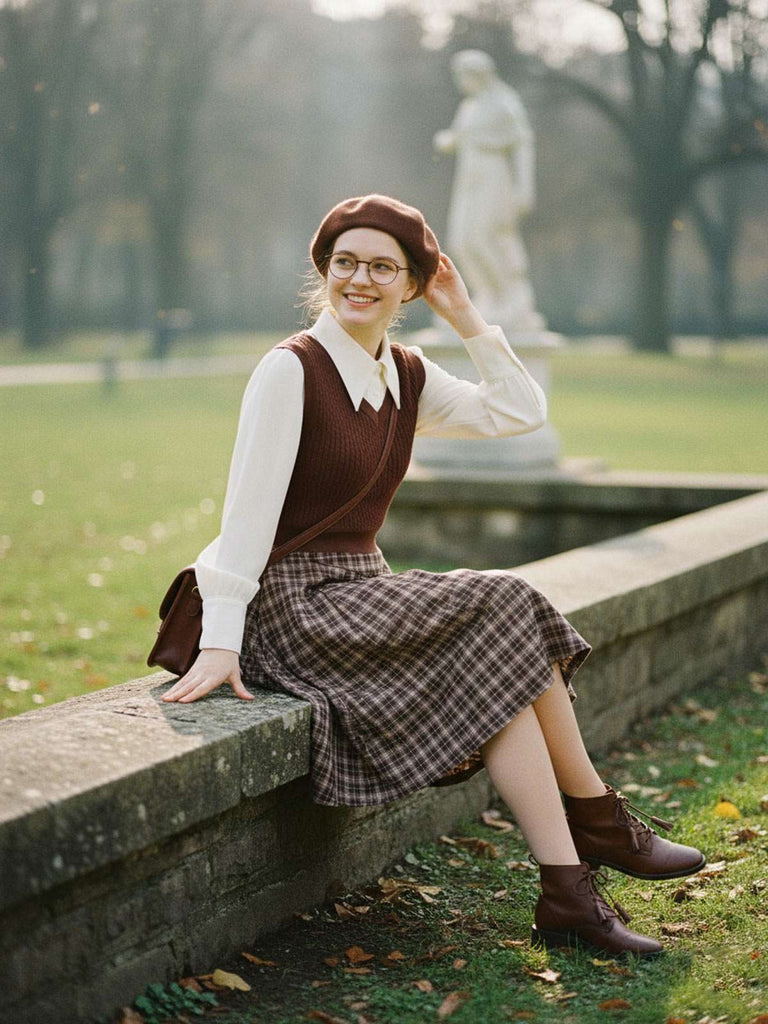 [Pre-Sale] 2PCS Brown 1940s Knitted Faux-2PCS Blouse & Plaid Skirt