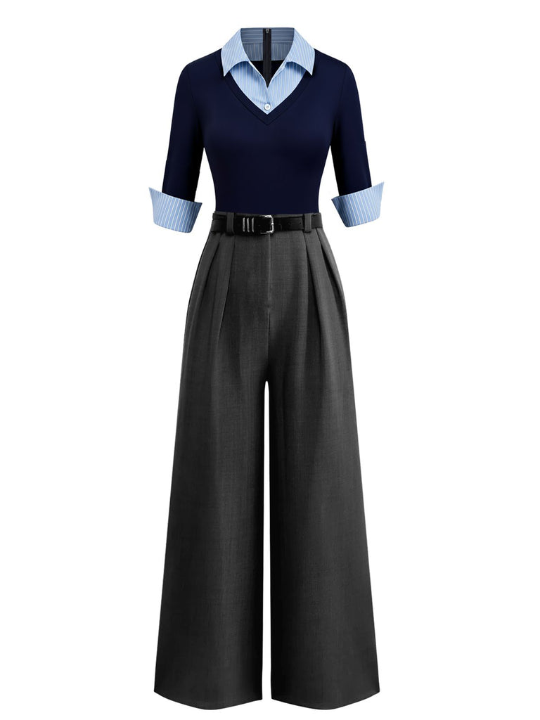 [Pre-Sale] Blue & Gray 1940s Knit Colorblock 3/4 Sleeve Shirt Jumpsuit