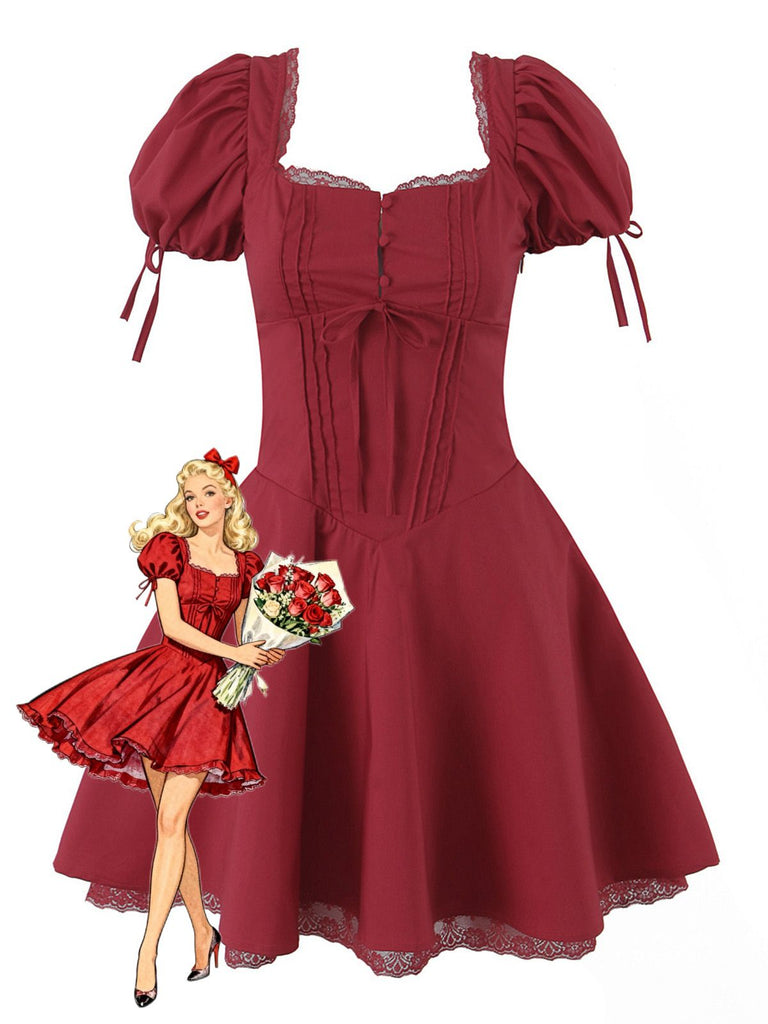 Red 1960s Solid Puff Sleeve Lace-up Dress