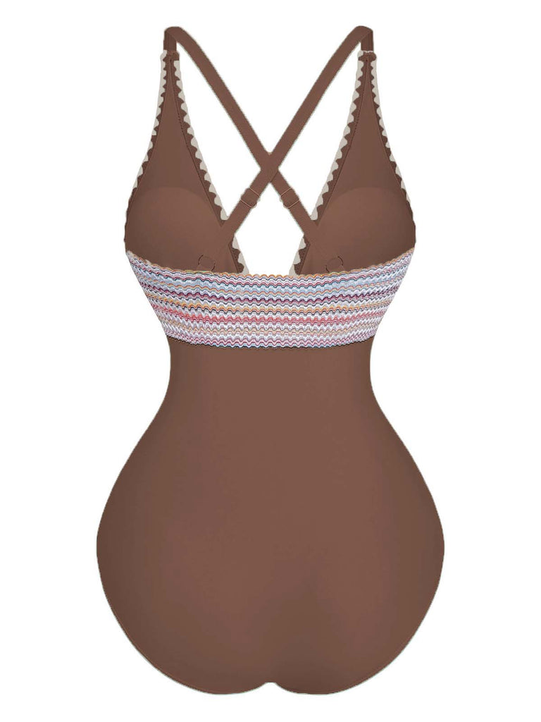 1940s Deep V-Neck Wavy Patchwork One-Piece Swimsuit