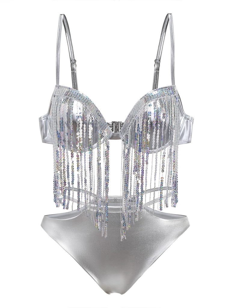 Silver 1970s Holographic Sequin Fringe Bikini Set