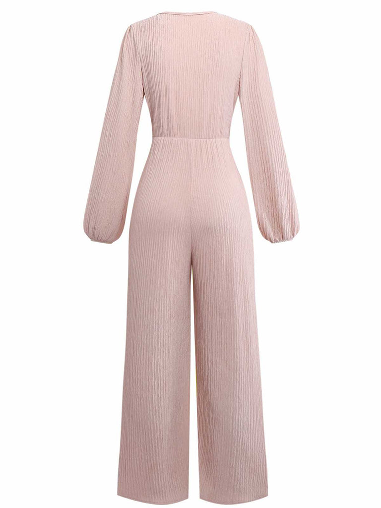1970s V-Neck Solid Twist Long Sleeve Jumpsuit