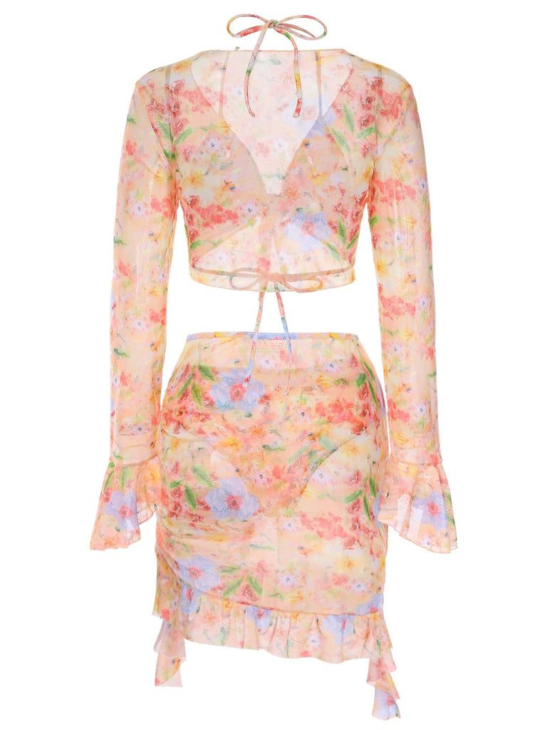 4PCS 1950s Floral Swimsuit Dress Set