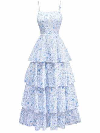 Blue 1970s Spaghetti Strap Floral Tiered Dress