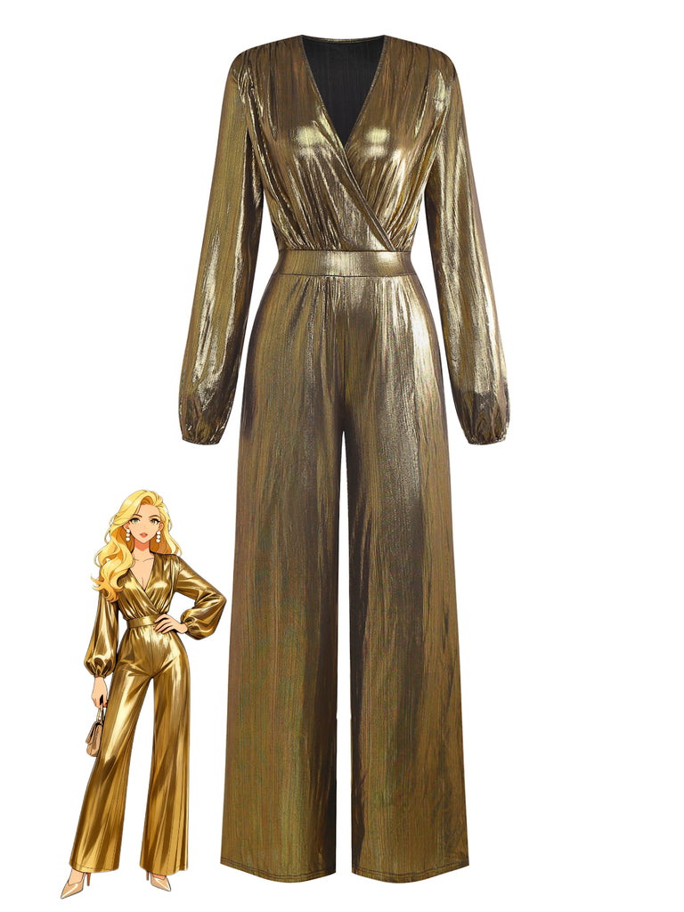 Gold 1930s Metallic Fabric V-Neck Jumpsuit