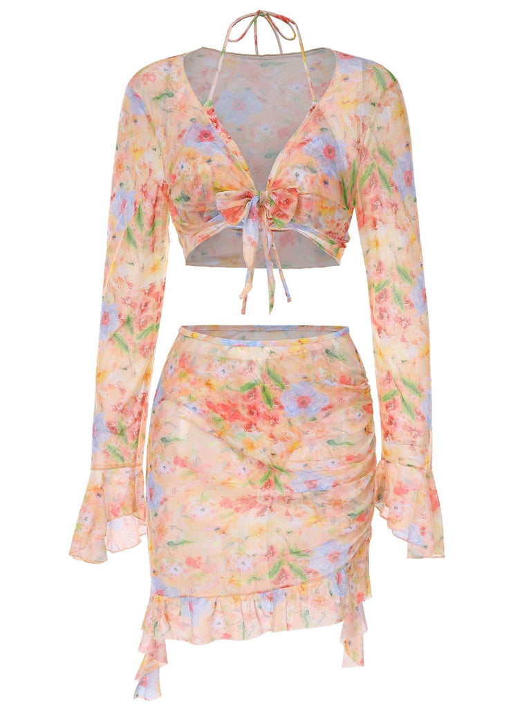 4PCS 1950s Floral Swimsuit Dress Set
