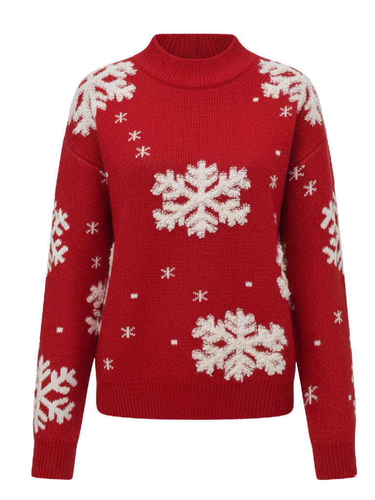 1940s Christmas Fleece-Snowflake Turtleneck Sweater