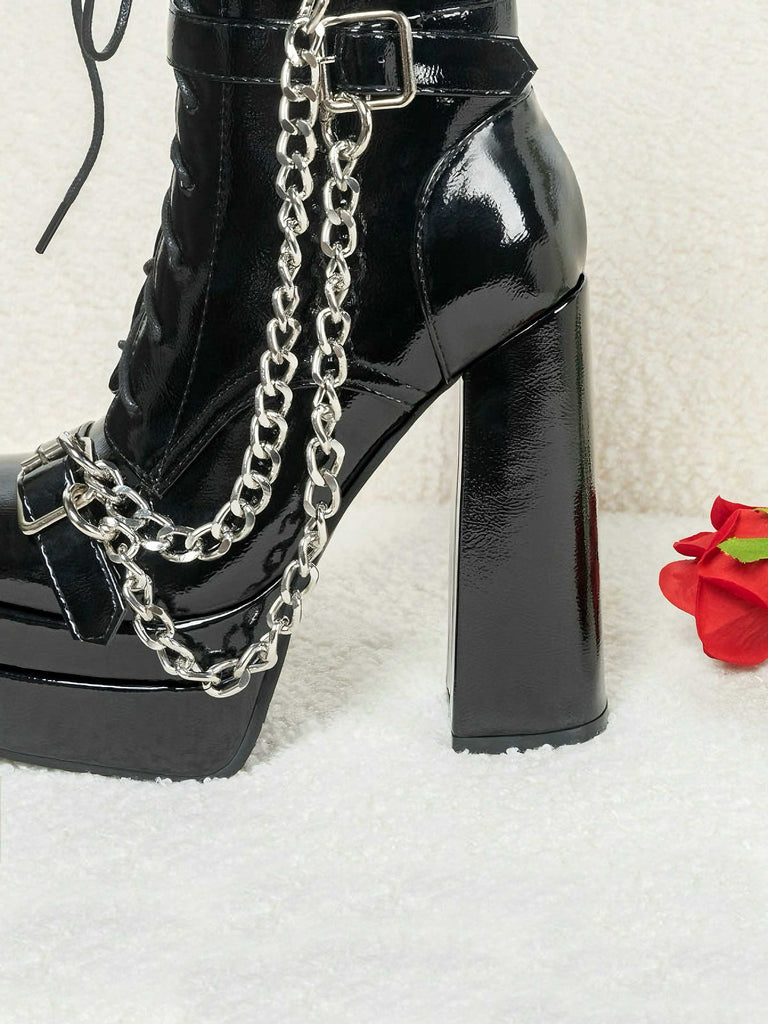 Black Patent Chains Gothic High Heels Boots