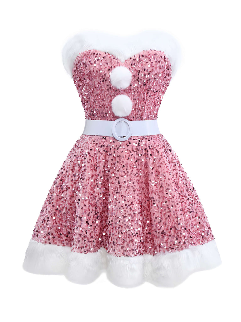 Pink 1960s Christmas Fur Sequin Strapless Dress