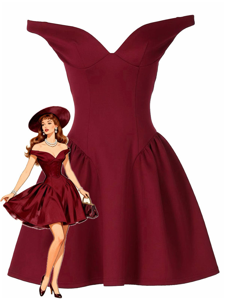 1970s Solid Off-Shoulder Deep V-Neck Skater Dress