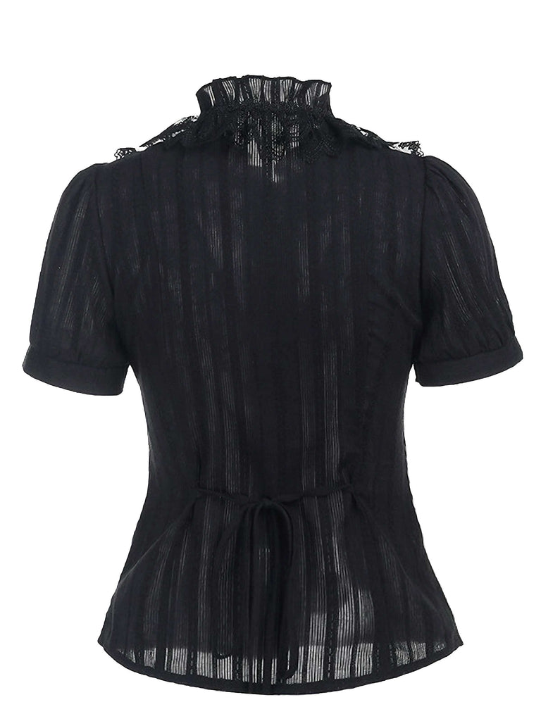 Black 1980s Gothic Pure Cotton Ruffled Blouse