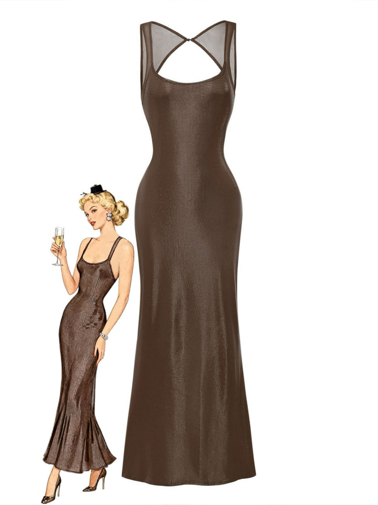 1980s Solid Sequined Mesh Buckle Square Neck Dress