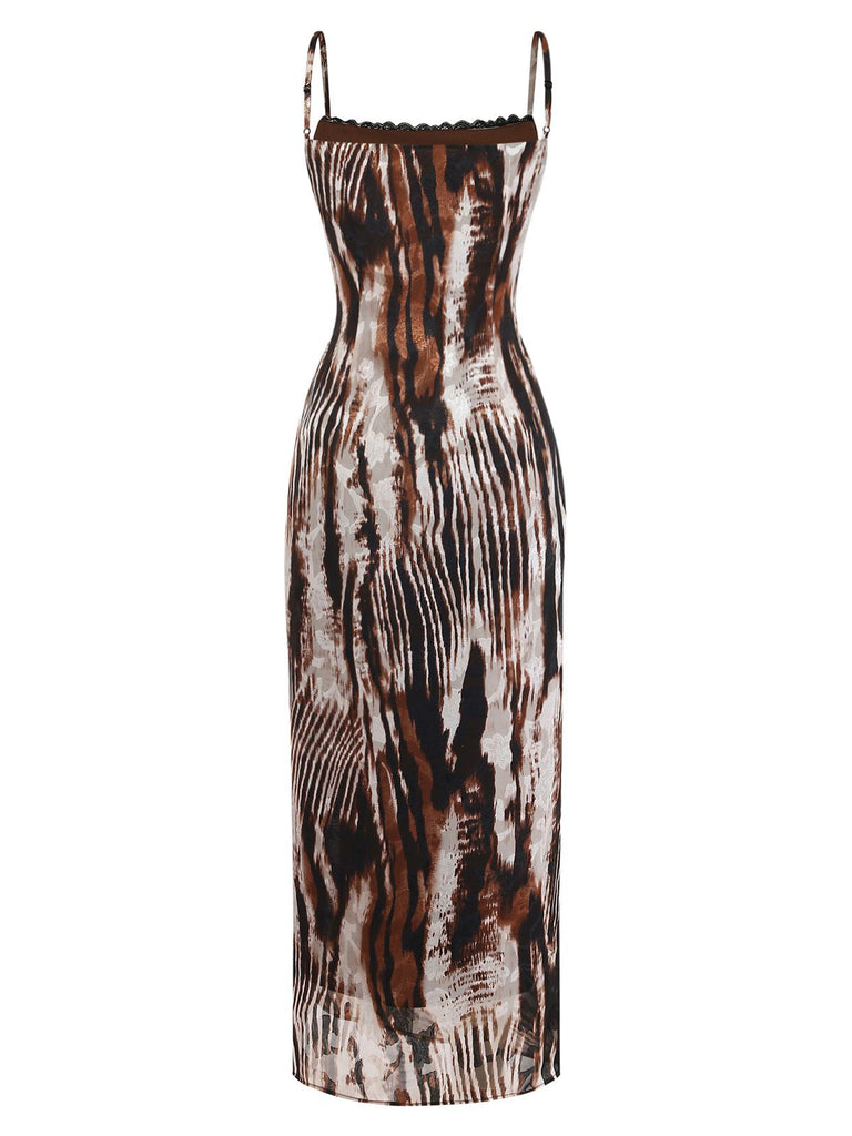 Rear view of the animal print cami dress on a white background, showcasing the form-fitting cut.