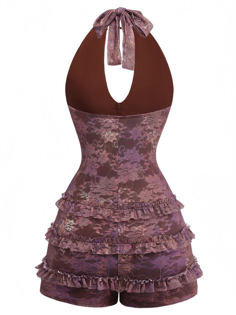 Rear view of the purple floral lace romper, showcasing the elegant backless design and halter tie closure.