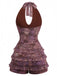 Rear view of the purple floral lace romper, showcasing the elegant backless design and halter tie closure.