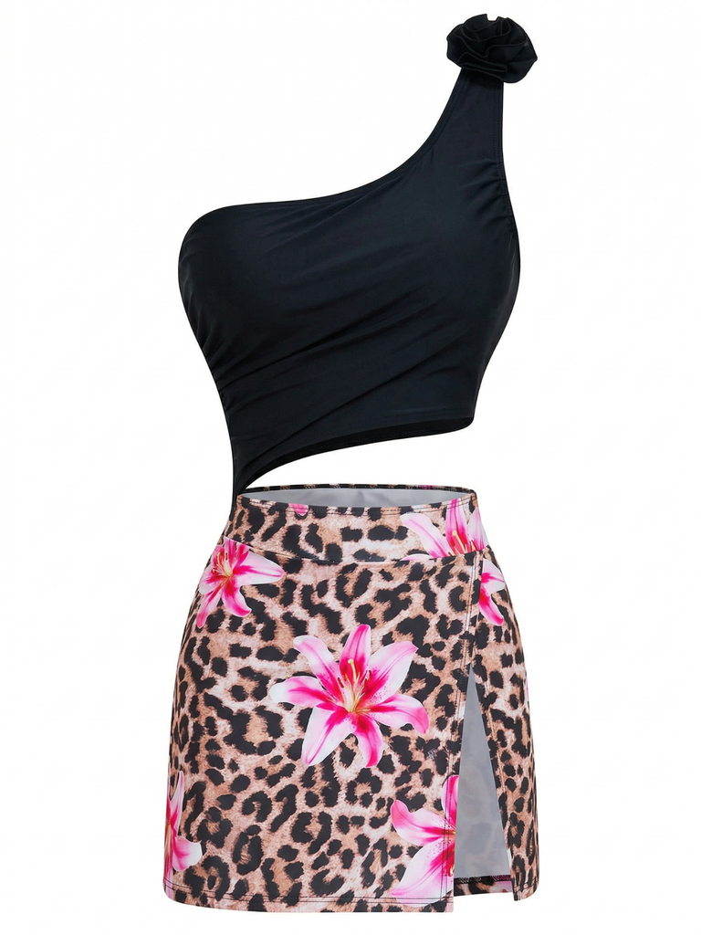 Black 1940s 3D Floral One-Shoulder One-Piece Swimdress with pink flowers and leopard print on a white background