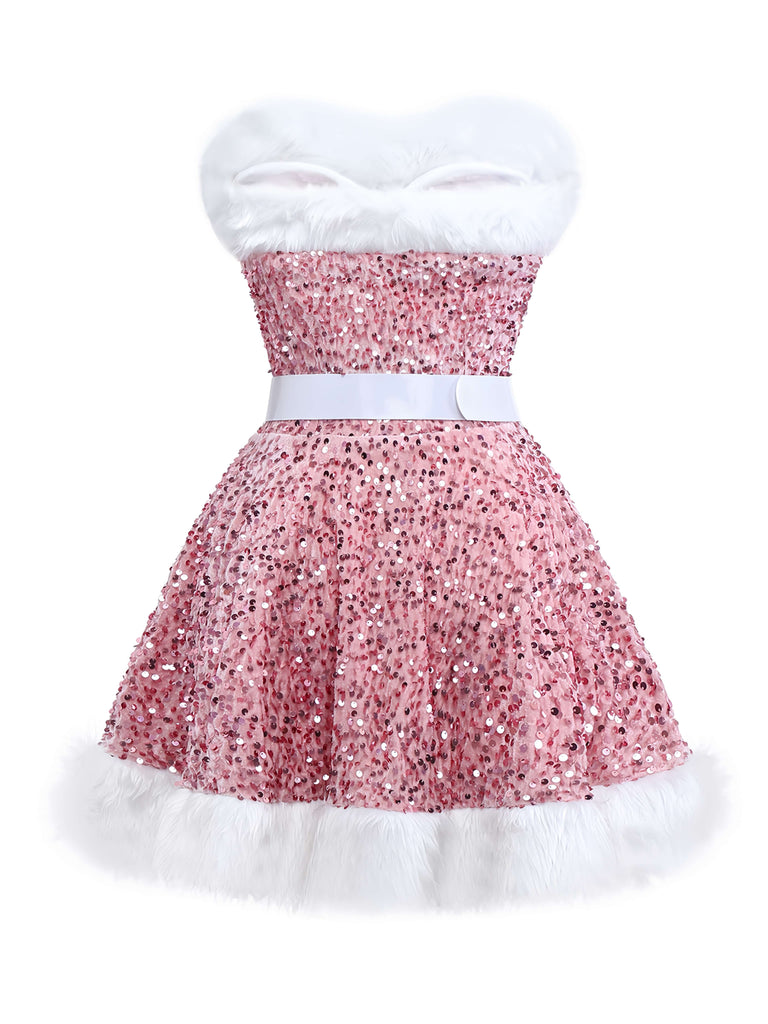 Pink 1960s Christmas Fur Sequin Strapless Dress
