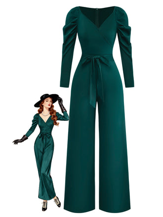 1930s Solid Ruched V-Neck Belted Jumpsuit