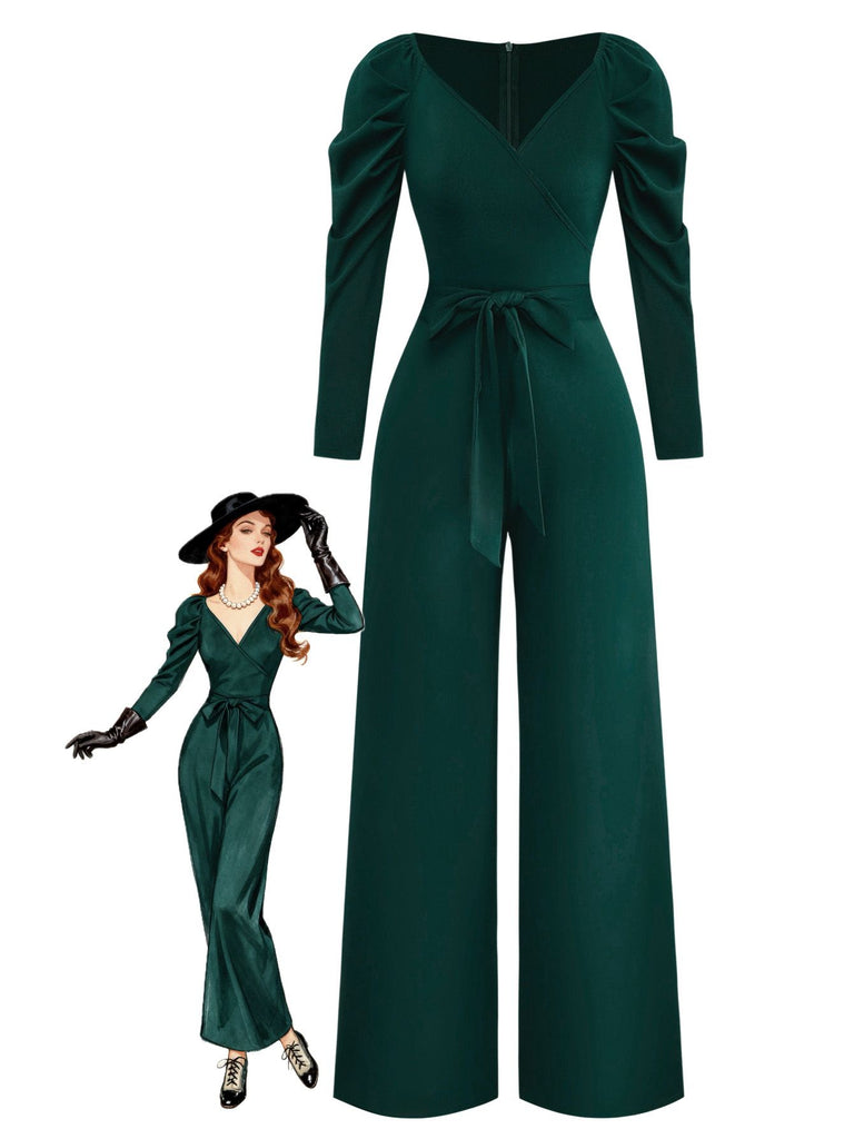1930s Solid Ruched V-Neck Belted Jumpsuit