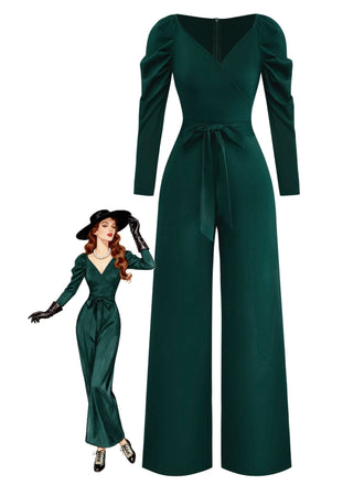 1930s Solid Ruched V-Neck Belted Jumpsuit