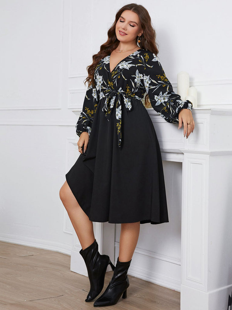 [Plus Size] Black 1950s V-Neck Loose Patchwork Dress