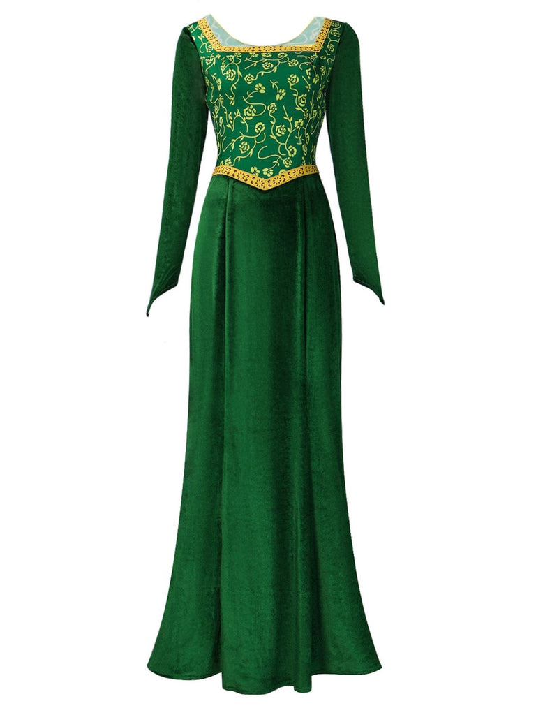 Green 1930s Shrek Medieval Style Embroidered Dress