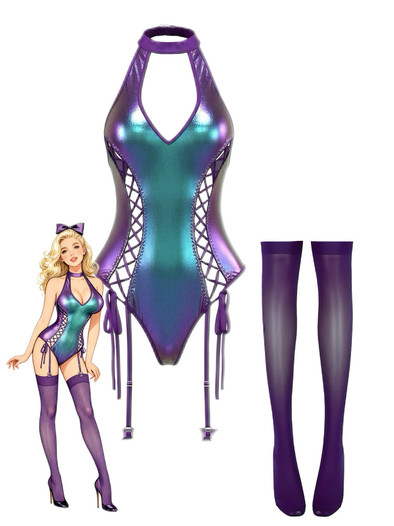 1980s Patent Leather Halter Lace-Up Bodysuit Lingerie Set