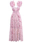 Pink 1970s Deep V-Neck Ruffle Floral Backless Dress
