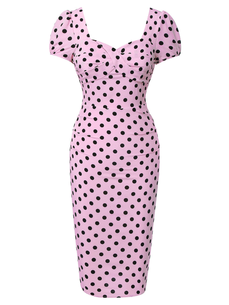 Beige 1960s Polka Dot Square Neck Puff Dress