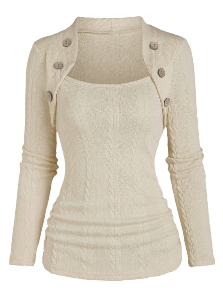 Beige 1960s Solid Faux Button Knitted Sweater, vintage fashion, retro style - perfect for women who love vintage and retro fashion