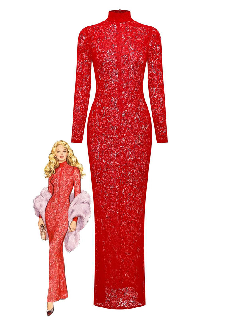 Red 1980s High Neck Sheer Lace Bodycon Maxi Dress