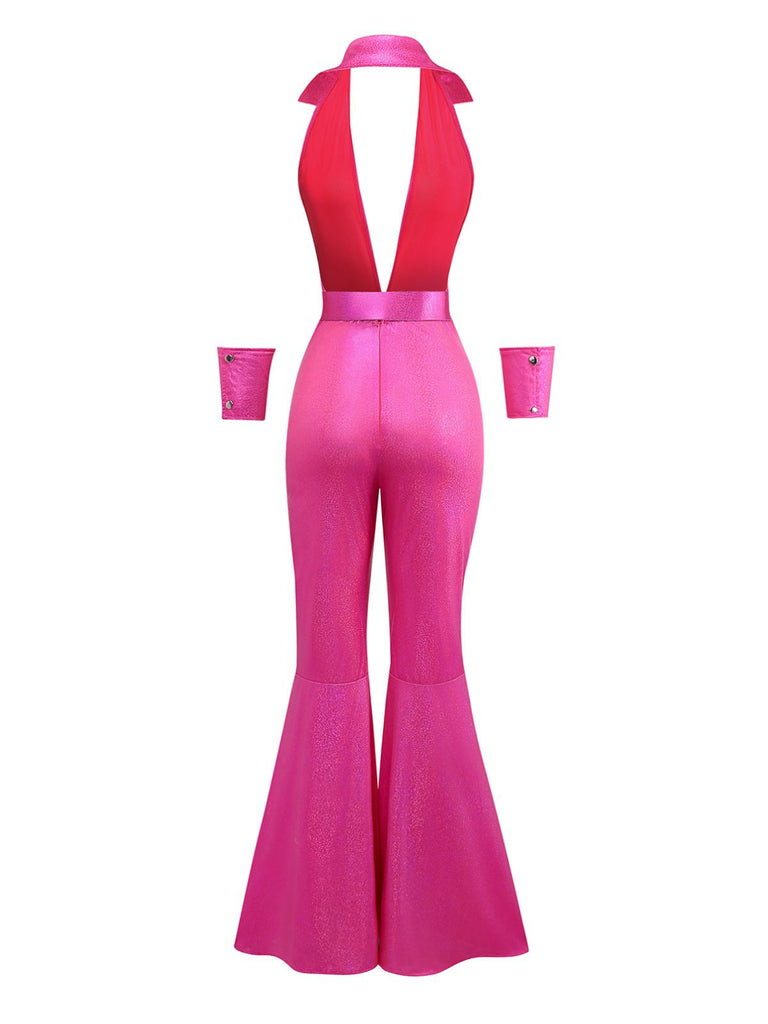 [Pre-Sale] Pink 1970s Metallic Deep V-Neck Disco Jumpsuit
