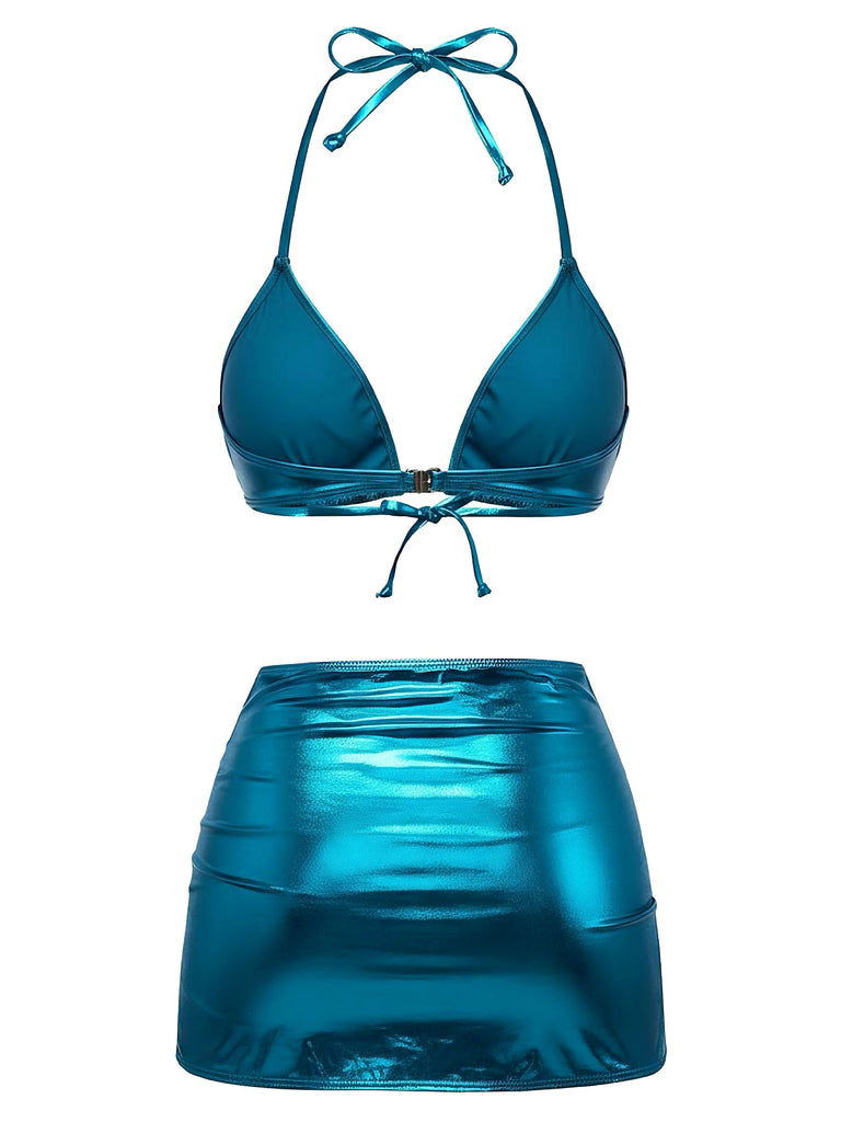 1970s Solid Halter Metallic Bikini Set