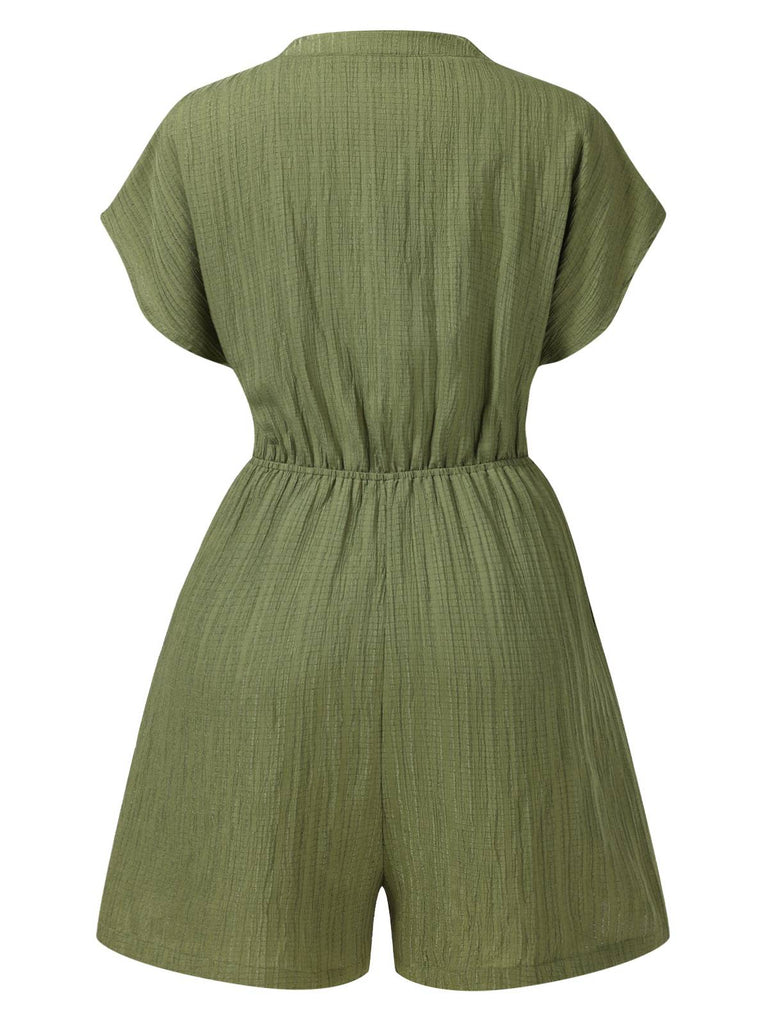 Green 1950s V-Neck Textured Pocket Romper