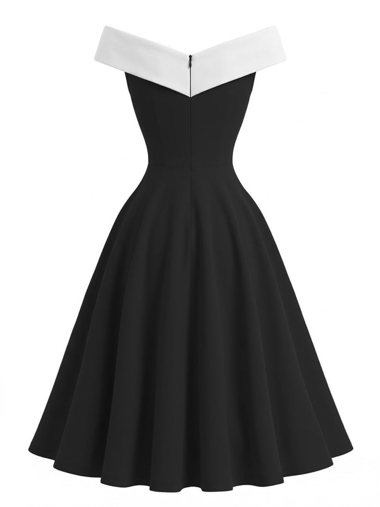 black-1950s-Off-Shoulder-Solid-Color-Block-Dress-back-view
