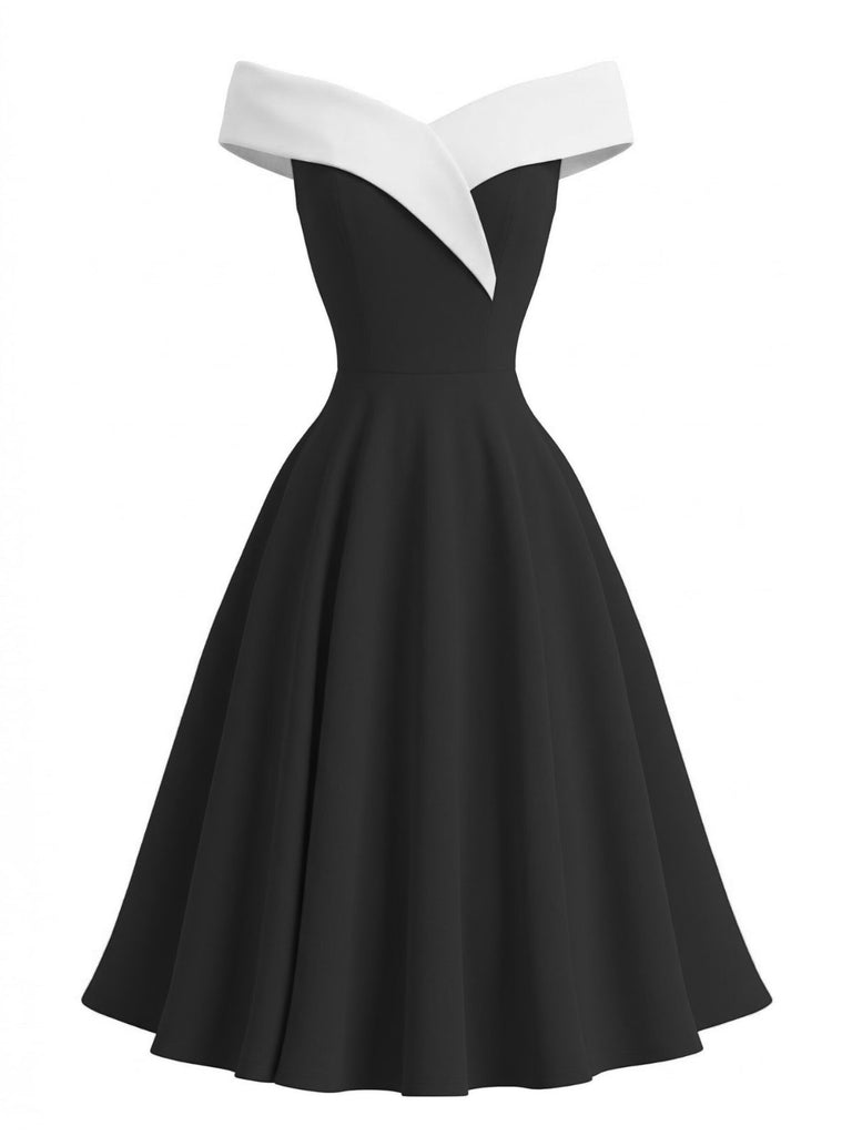 Black and white off-shoulder dress on a white background