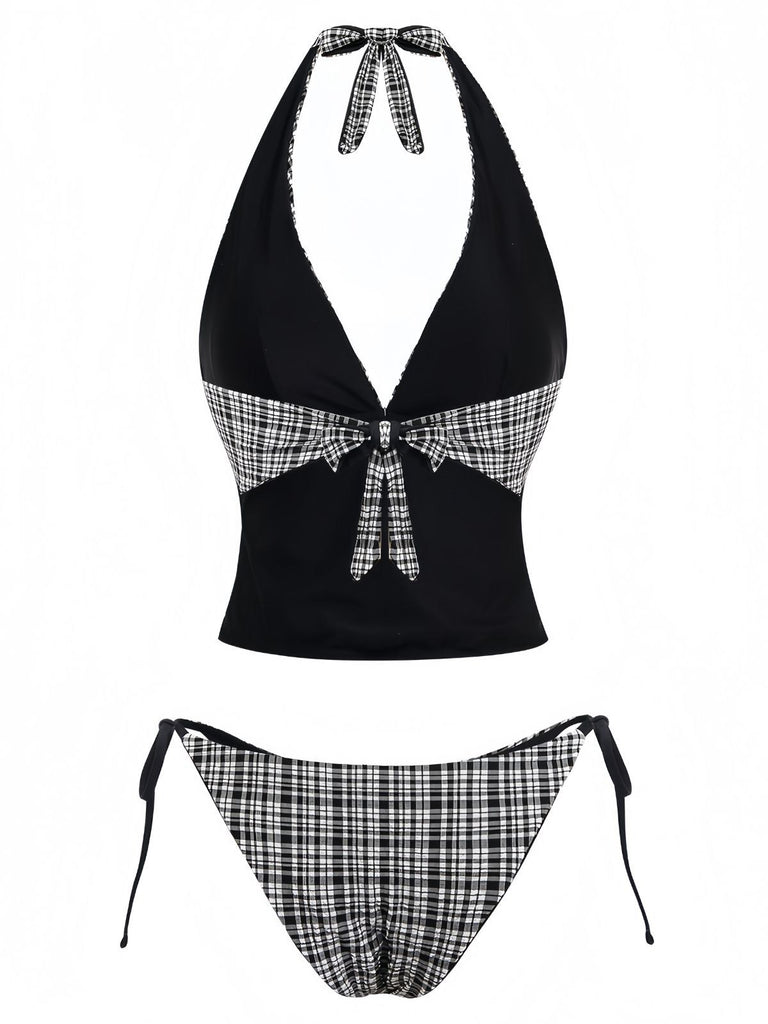 black-1960s-plaid-deep-v-halter-tankini-set-back-view