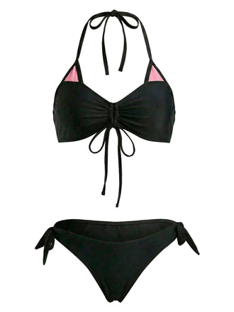 A black two-piece triangle bikini set featuring pink cat-ear shaped inserts at the top of the cups and a cinched drawstring front.