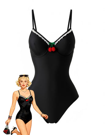 A classic black one-piece swimsuit featuring a sweetheart neckline with white scalloped trim and a decorative cherry appliqué, shown with a retro fashion illustration.
