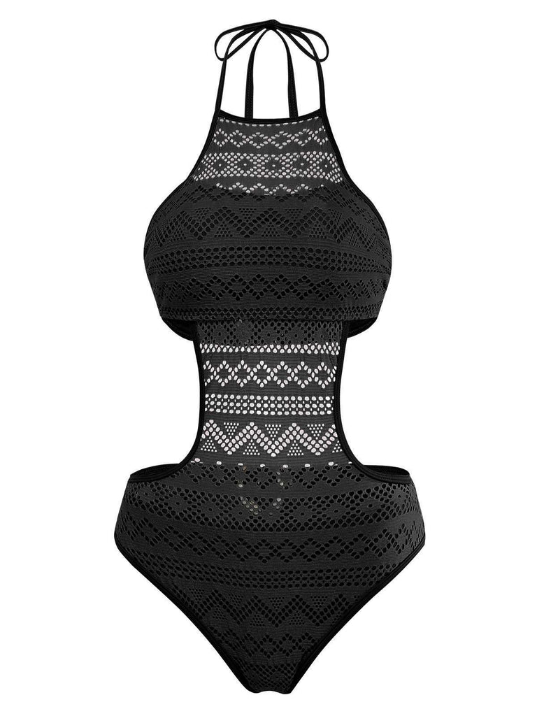 Front view of the same geometric lace monokini design in a classic black colorway.