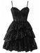 Front studio view of the dress in classic black, featuring the same lace bodice and tiered tulle skirt design.